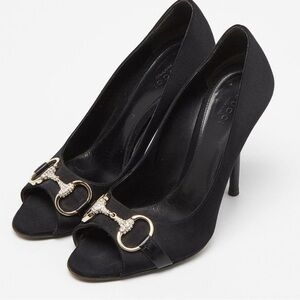 NIB - Gucci Black Satin Crystal Horsebit D'Orsay Peep-Toe Pumps